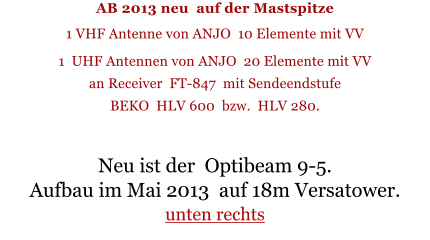 AB 2013 neu  auf der Mastspitze 1 VHF Antenne von ANJO  10 Elemente mit VV  1  UHF Antennen von ANJO  20 Elemente mit VV an Receiver  FT-847  mit Sendeendstufe BEKO  HLV 600  bzw.  HLV 280.   Neu ist der  Optibeam 9-5.   Aufbau im Mai 2013  auf 18m Versatower.  unten rechts